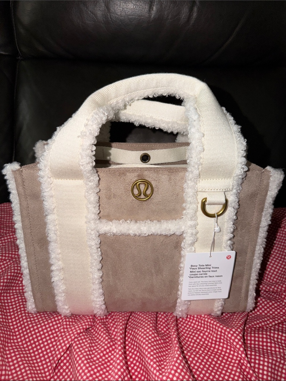 New Lululemon boxy mini Taupe Tote with Cream Shearling Trim